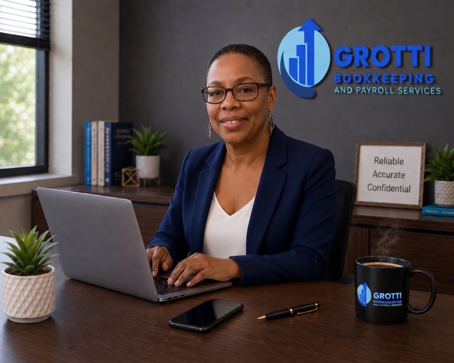 Lydia Grotti, owner of Grotti Bookkeeping and Payroll Services, smiling at her desk